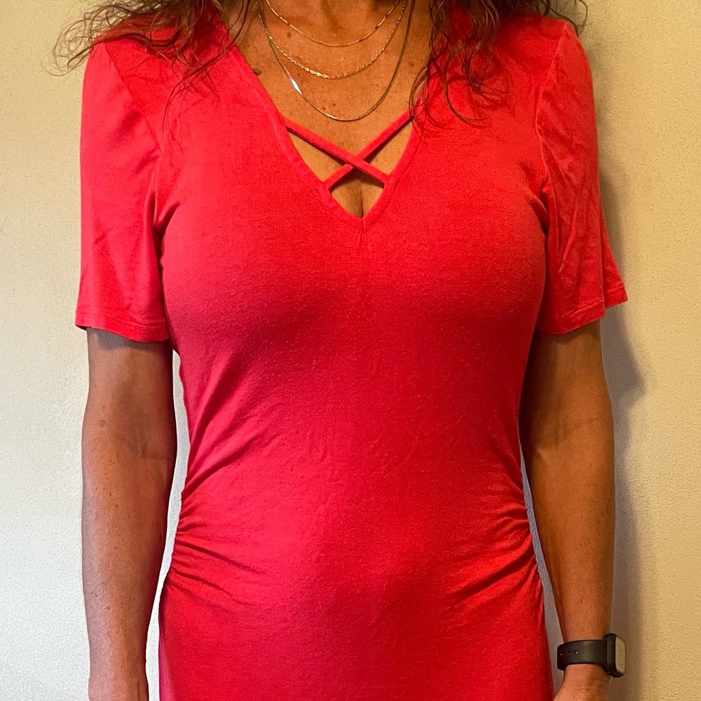 Venus Ruched Maxi Dress, short sleeve, v-neck, Medium.